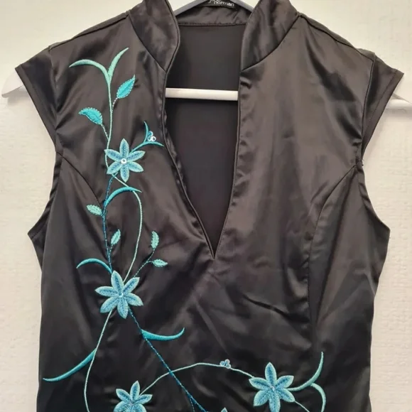 Y2K Jane Norman black satin oriental dress size 10 pencil wiggle vintage floral - Picture 6 of 12